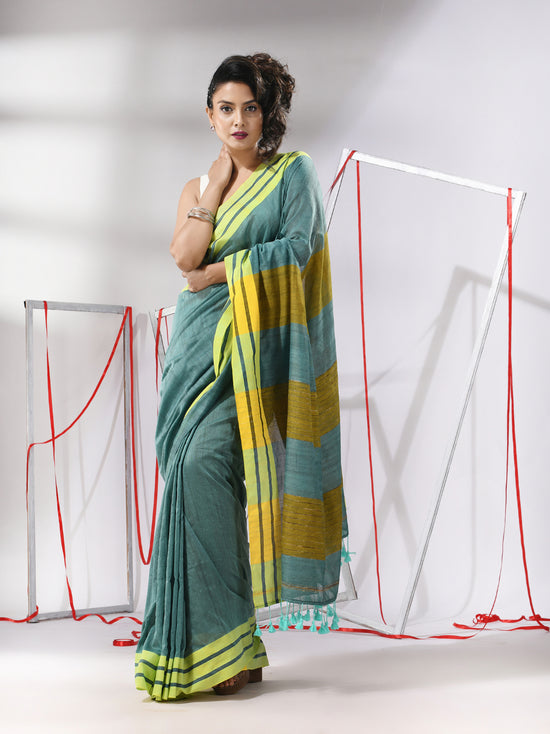 Teal Cotton Saree With Stripe Solid Border-MA55CT06520073