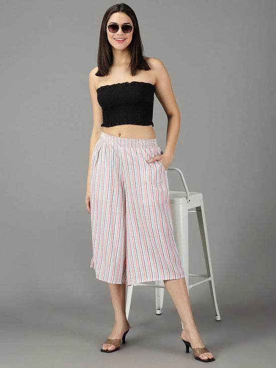 Women's White Striped Culottes-AE-10446-White