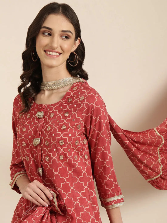 Women Coral Geometrical Kurta Set-GW-3433-Coral