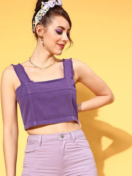 Women Purple Frayed Straps Bustier Crop Top