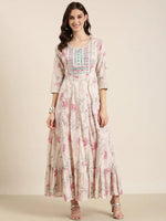 Women Beige Floral Anarkali Kurta-UB-007-Beige