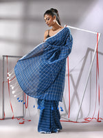 Sapphire Blue Cotton Saree With Check Designs-MA55CT06520144