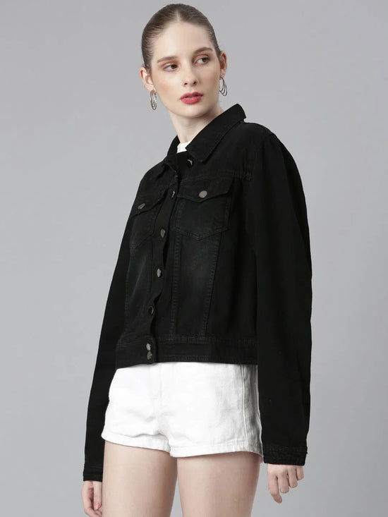 Women Black Solid Denim Jacket-IM-10700-Black