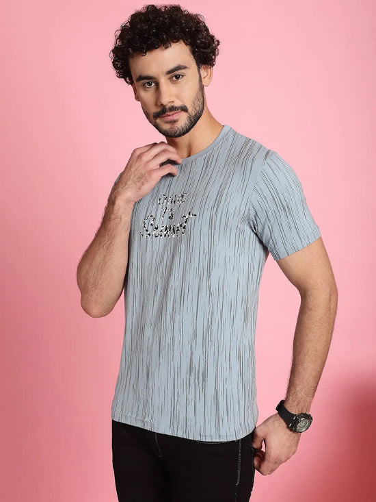 Venitian Men Printed Round Neck Grey Cotton Lycra T-Shirt