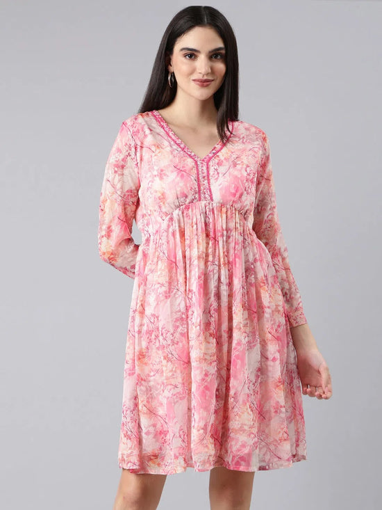 Women Pink Floral Fit and Flare Dress-DW-4260-Pink