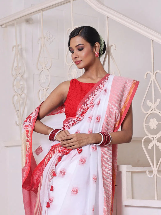 White Bengali Style Cotton Soft Saree With Kashful Borders-MA62CT33550040