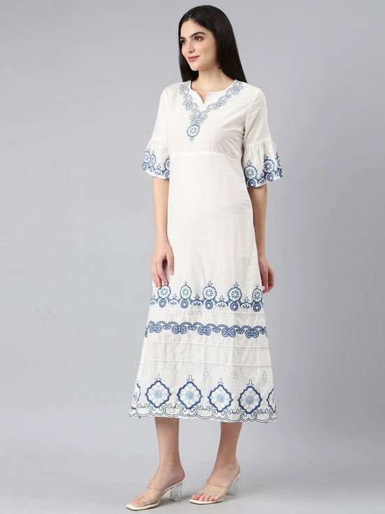 Women White Printed A-Line Dress-ON-008-White