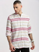 Men Mandarin Collar Horizontal Stripes Off White Casual Shirt-MIANO-2229-Offwhite