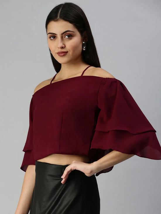 Women Magenta Solid Bardot Top-AE-7018-Magenta