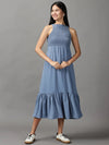 Women's Blue Solid Fit and Flare Dress-AE-15669-Blue