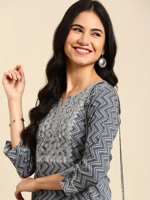 Women's Grey Printed Straight Kurta-AT-A-403-Grey