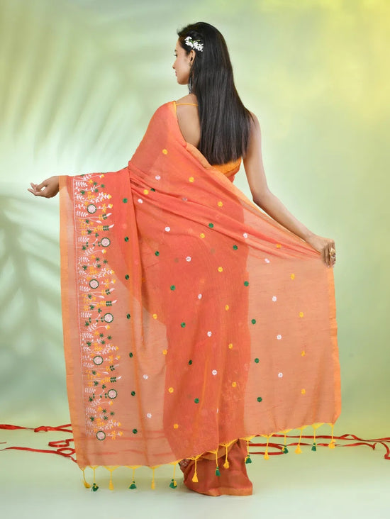 All Over Thread Floral Embroidery Orange Cotton Saree-MA62CT33610080