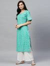 Ahika Women Green Cotton Printed Straight Kurta Palazzo Set