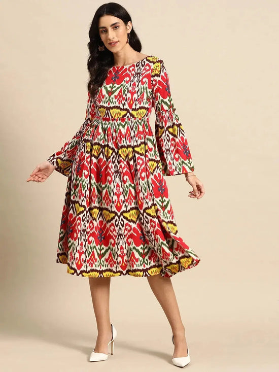 Midi Dress with bell sleeve in Red and Cream Ikkat Print