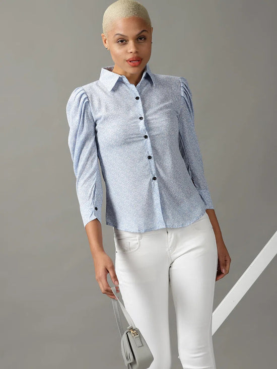 Women's Blue Printed Shirt-AE-10365-Blue