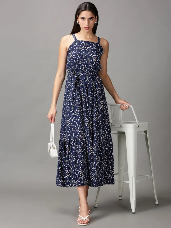 Women's Navy Blue Floral Fit and Flare Dress-AE-15665-Navyblue