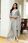 Vaasva Women Grey Linen Embroidered Solid Kurta Set With Solid Pants & Chiffon Embroidered Dupatta-142-Vaas-Grey