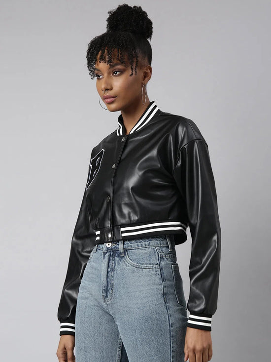 Women Solid Crop Black Drop Shoulder Oversized Varsity Jacket-8940-Black