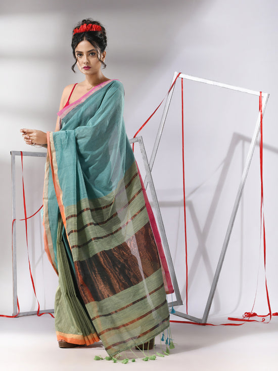 Ice Blue Patli-Pallu Cotton Saree With Stripes Zari Borders-MA55CT06520103