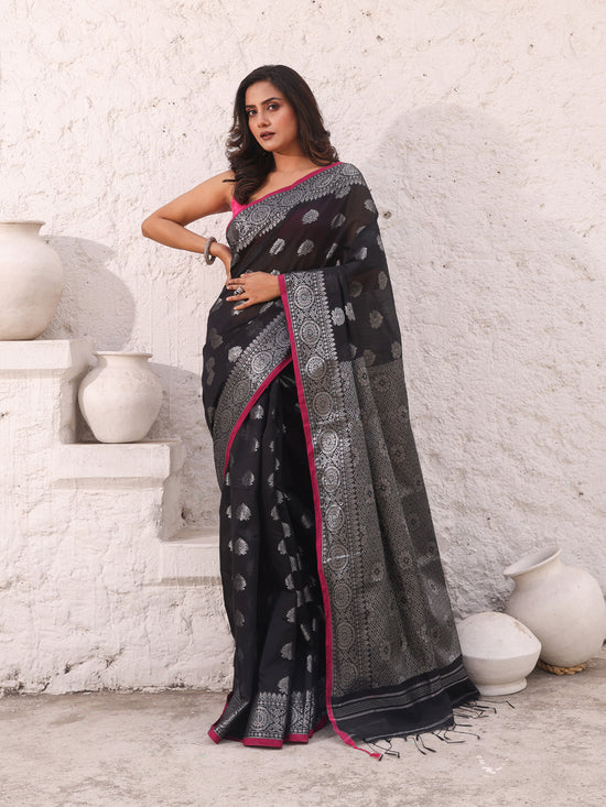 Black Cotton Saree With Damask Motifs And Zari Border-MA54BCT04940049