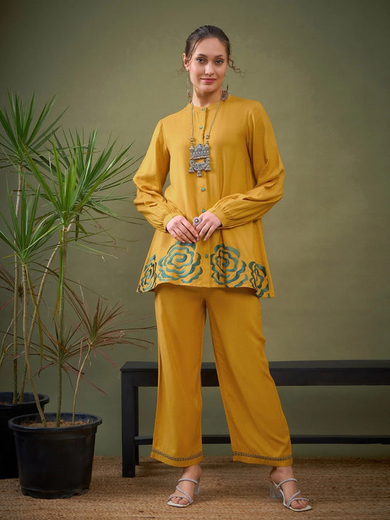 Women Mustard Hem Embroidered Shirt With Palazzos