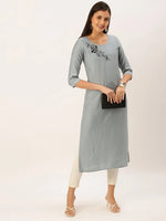 Women's Steel Embellished Straight Kurta-SKC-3228-Steel