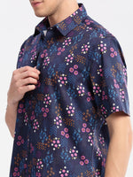 Men Spread Collar Floral Navy Blue Casual Shirt-REVERIE-2112-Navyblue