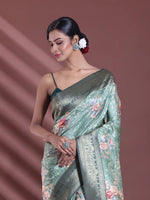 Pistachio Green Floral Print Silk Soft Saree With Zari Border-MA60BSL011265019