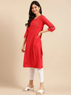 Women's Red Embroidered Straight Kurta-DF-1202A-Red