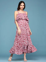 Women's Pink Printed Fit and Flare Dress-AE-15685-Pink