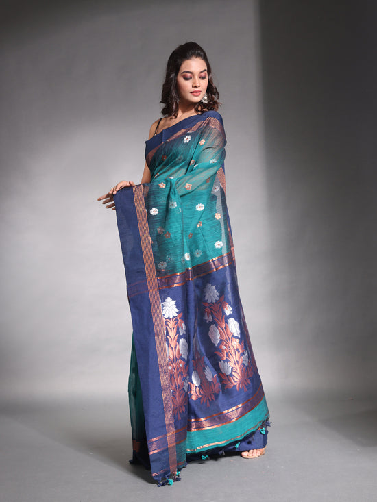 Teal Cotton Soft Saree With Ikkat Style-MA54BCT041400027