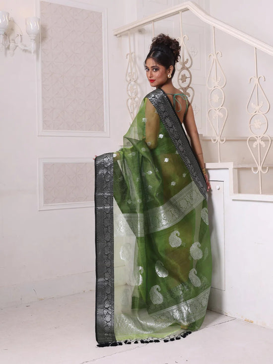 Green Muslin Saree With Zari Woven Nakshi Borders-MA62MS331980034