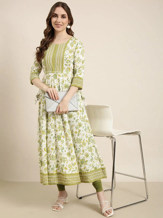 Women Anarkali Green Floral Kurta-AT-A982-LG-Green