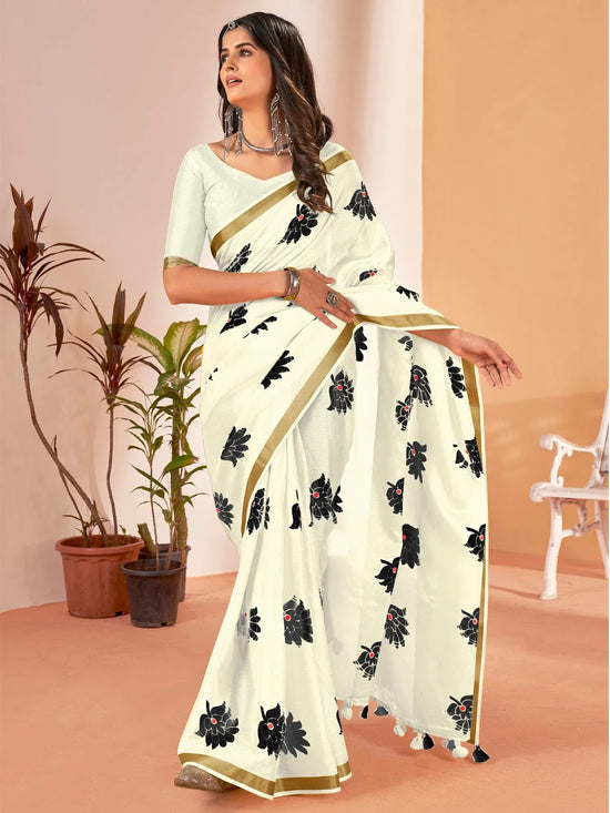 Saree Mall Women's Cotton Slub Off White Printed Designer Saree With Blouse Piece-NAVYA126