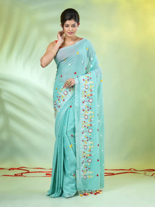 All Over Thread Floral Embroidery Sea Green Cotton Saree-MA62CT33610074