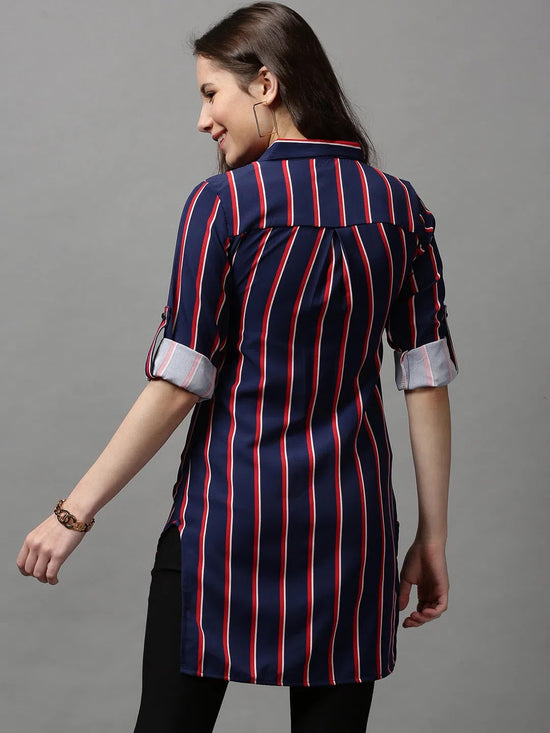 Women's Blue Striped Longline Shirt-AE-10420-Navyblue