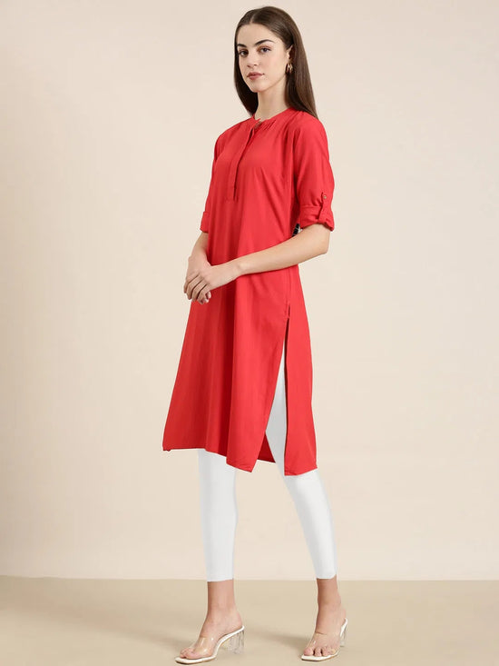 Women Red Solid Straight Kurta-DF-1356-Red