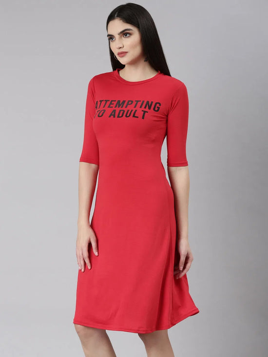 Women Red Typographic A-Line Dress-AE-15881-Red