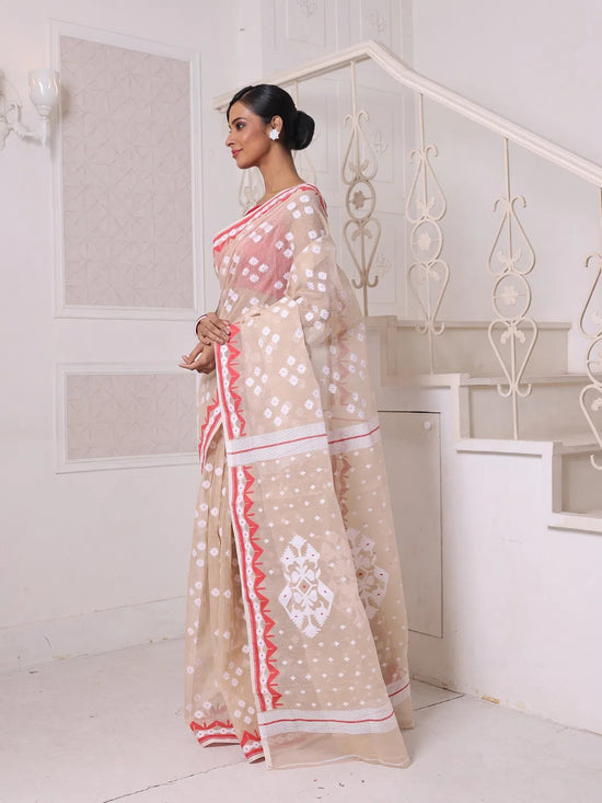 Beige Cotton Handwoven Jamdani Saree-MA64JM401380032