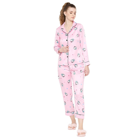 Smarty Pants Women's Silk Satin Pastel Pink Color Hello Kitty Print Full Sleeves Night Suit