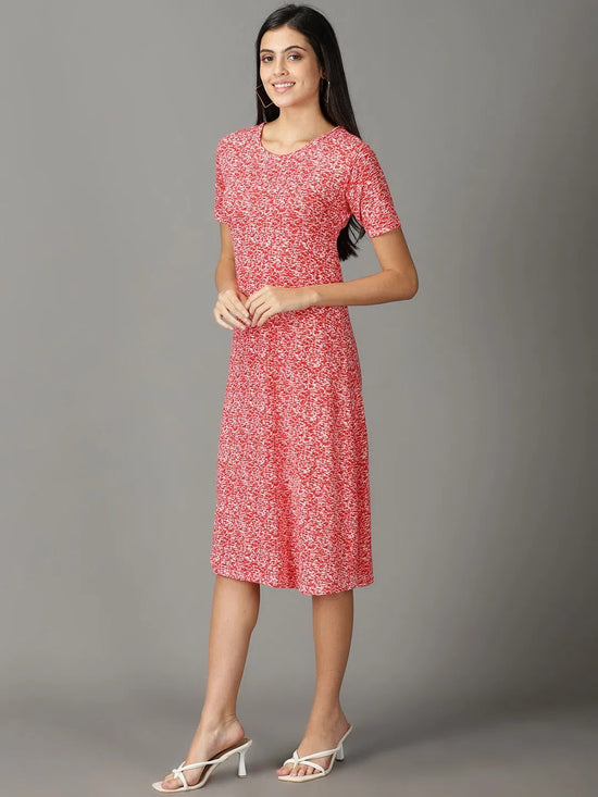 Women's Red Printed A-Line Dress-AE-15904-Red