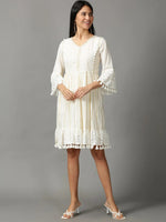 Women's White Solid Fit and Flare Dress-ON-1-Offwhite