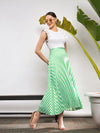 Women Green & White Satin Striped Accordion Pleated Maxi Skirt