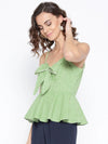 Front knot peplum top with printed checks in Green