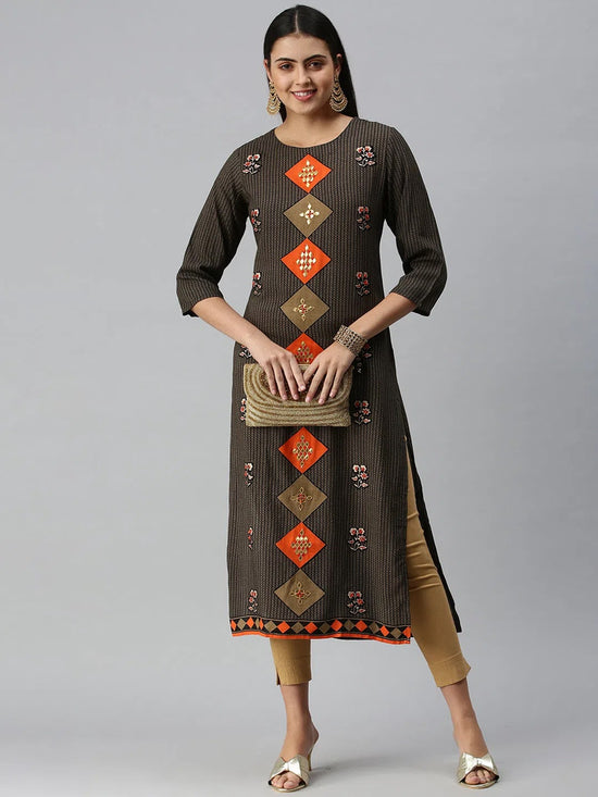 Women's BlackBeige Floral Khatwa Straight Kurta-GW-1620-Blackbeige