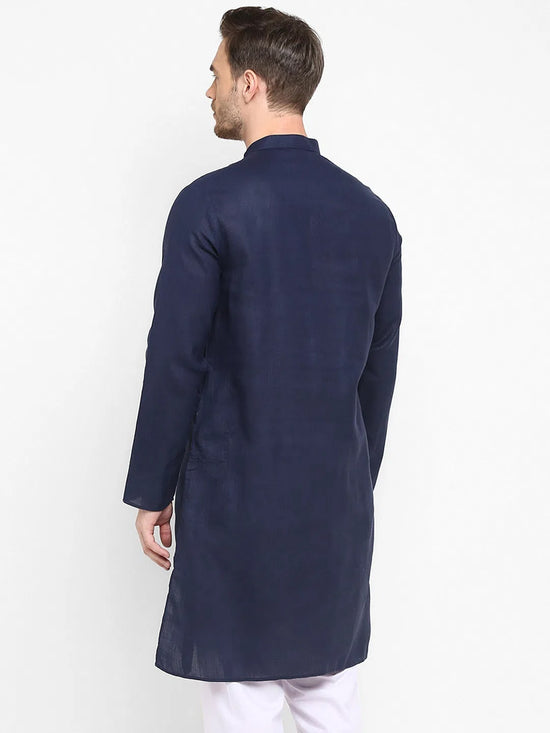 Hangup Men Standard Solid Men's Indian Wear-Navy_Piping_LongKurta