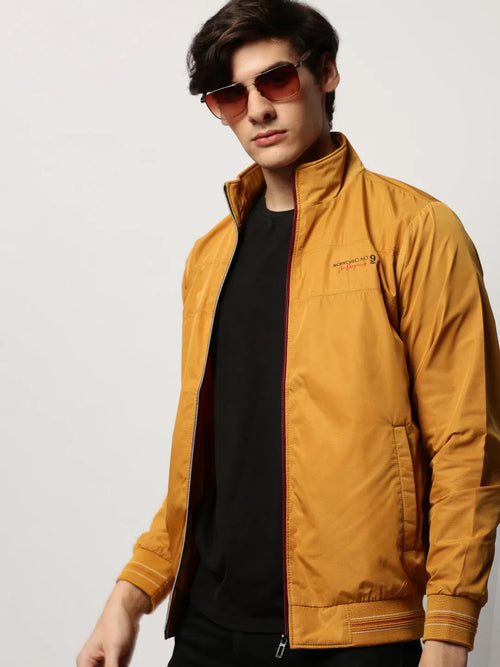 Men Yellow Solid Casual Bomber Jackets-LBR-805-Mustard