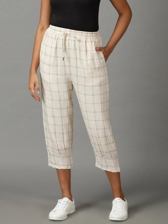 Women's Cream Checked Trouser-AE-10465-Cream