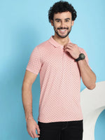 Venitian Men All Over Printed Polo Neck Pink Cotton T-Shirt With Pocket