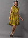 Women's Yellow Printed A-Line Dress-SKF-166-5-Yellow